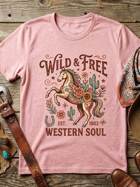 Wild & Free Western Soul Tee • Dusty Rose Cowgirl Shirt • Floral Horse Graphic